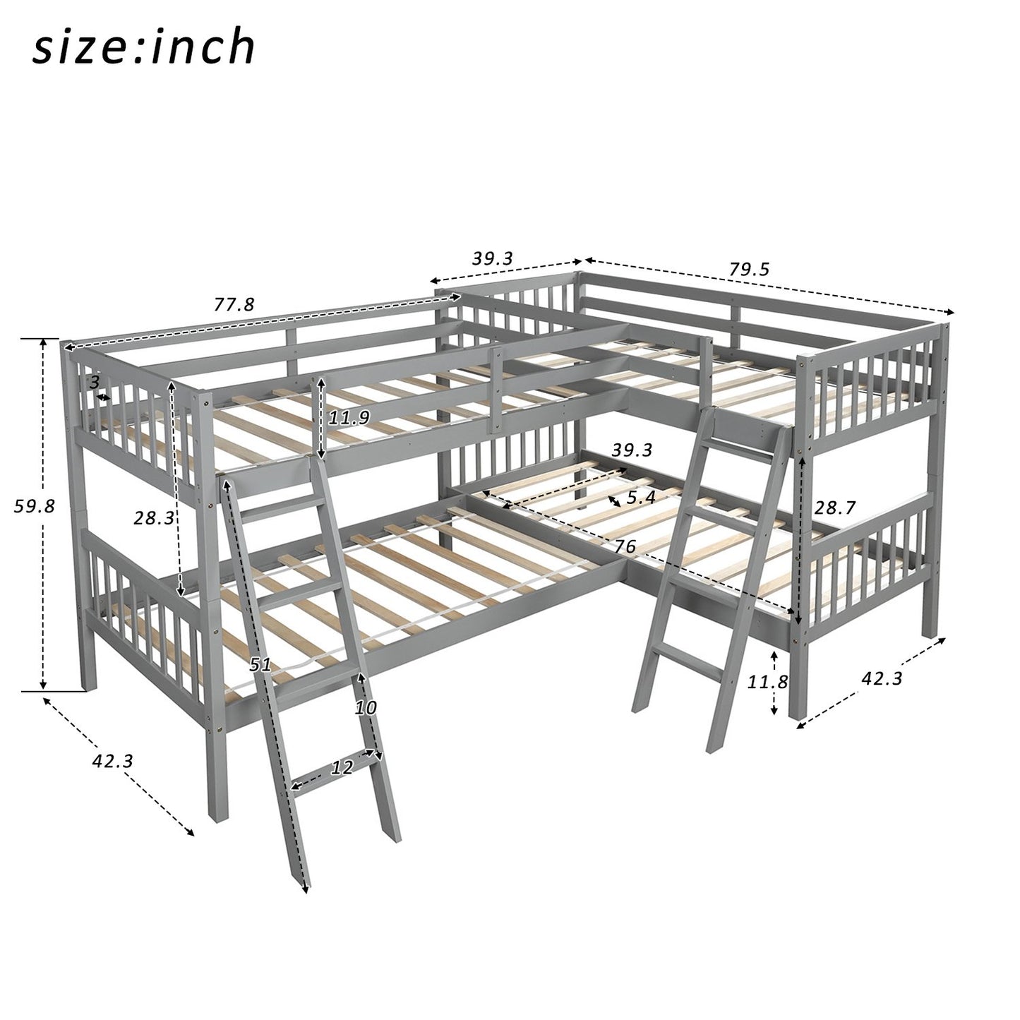 Minimalistic Twin over Twin L-Shaped Gray Pinewood Bunk Bed-Bunk Bed-HomeDaybed