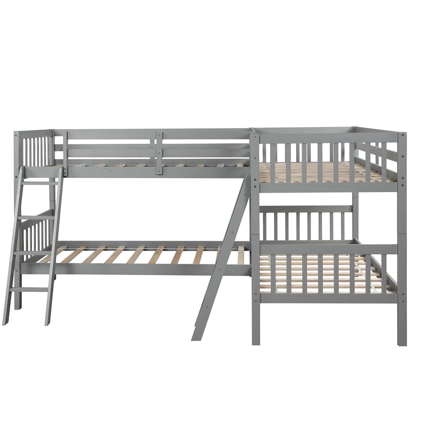 Minimalistic Twin over Twin L-Shaped Gray Pinewood Bunk Bed-Bunk Bed-HomeDaybed