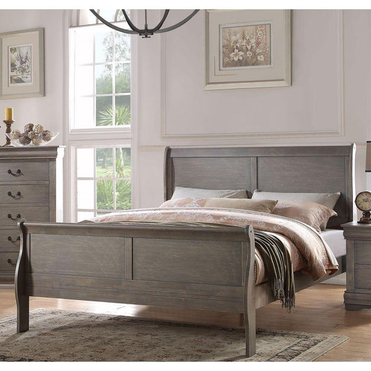 Queen Size Antique Gray Wood ACME Louis Philippe III Sleigh Platform Bed-Sleigh Bed-HomeDaybed
