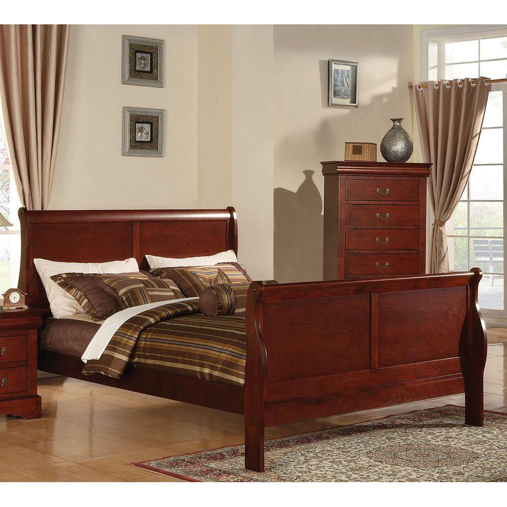 Queen Size Cherry Color Wood ACME Louis Phillipe III Sleigh Platform Bed-Sleigh Bed-HomeDaybed