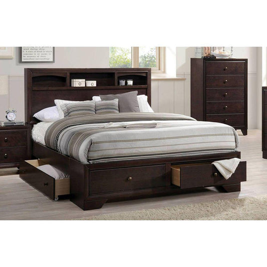 Queen Size Espresso ACME Madison II Platform Bed with Bookcase in Headboard and Under-Bed Drawers-Platform bed-HomeDaybed