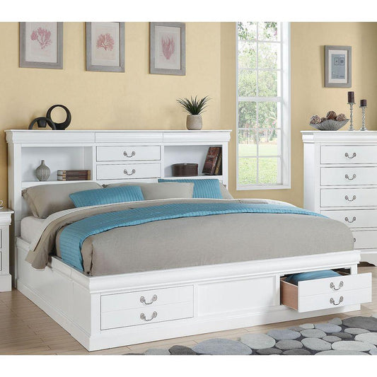 Queen Size White Wood ACME Louis Philippe III Platform Bed with Bookcase and Drawers in Headboard and Under-Bed Drawers-Platform Bed-HomeDaybed