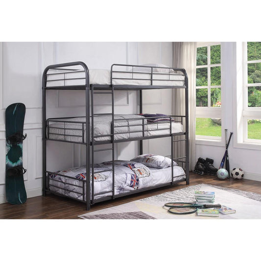 Triple Twin Gunmetal ACME Cairo Bunk Bed with Two Ladders-Bunk Bed-HomeDaybed