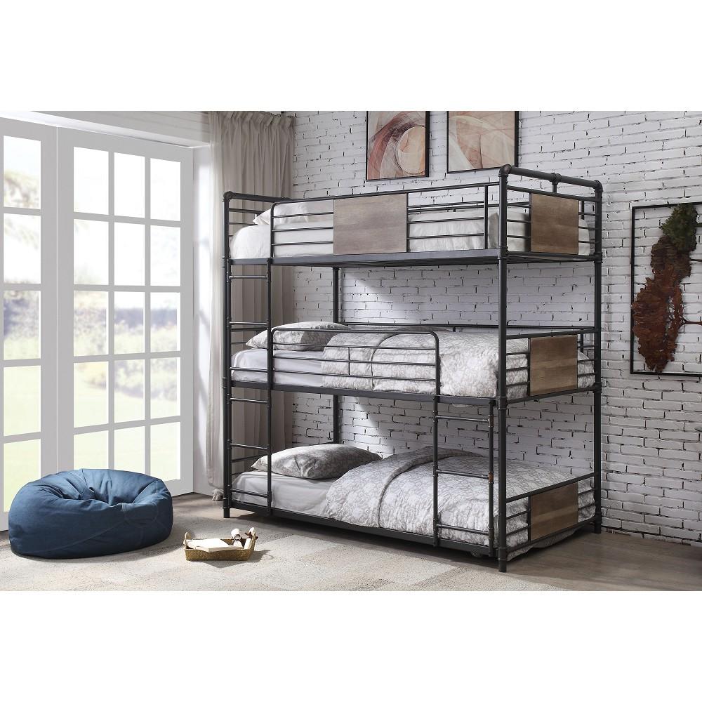 Triple Twin Sandy Black and Dark Bronze Metal ACME Brantley Bunk Bed with Two Ladders-Bunk Bed-HomeDaybed