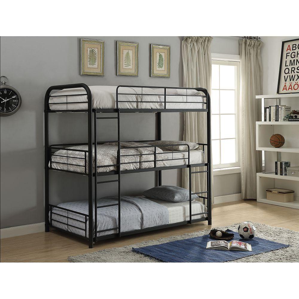 Triple Twin Sandy Black Metal ACME Cairo Bunk Bed with Two Ladders-Bunk Bed-HomeDaybed
