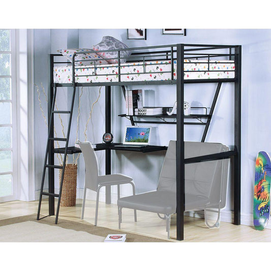Twin Black and Silver Metal Loft Bed with L-Shaped Desk and Storage Shelf-Loft Bed-HomeDaybed