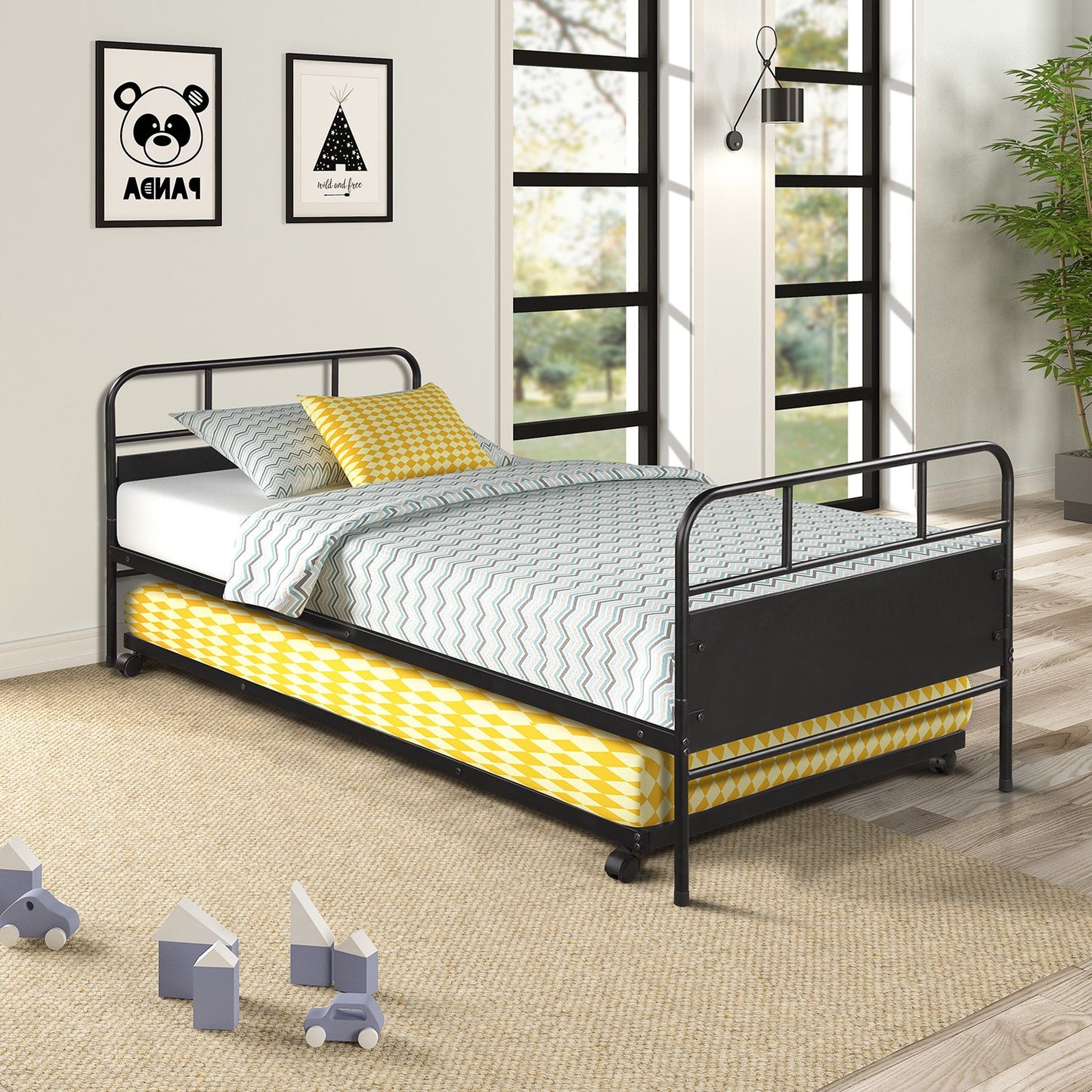 Twin Black Metal Minimalistic Platform Bed with Twin Trundle-Daybed-HomeDaybed