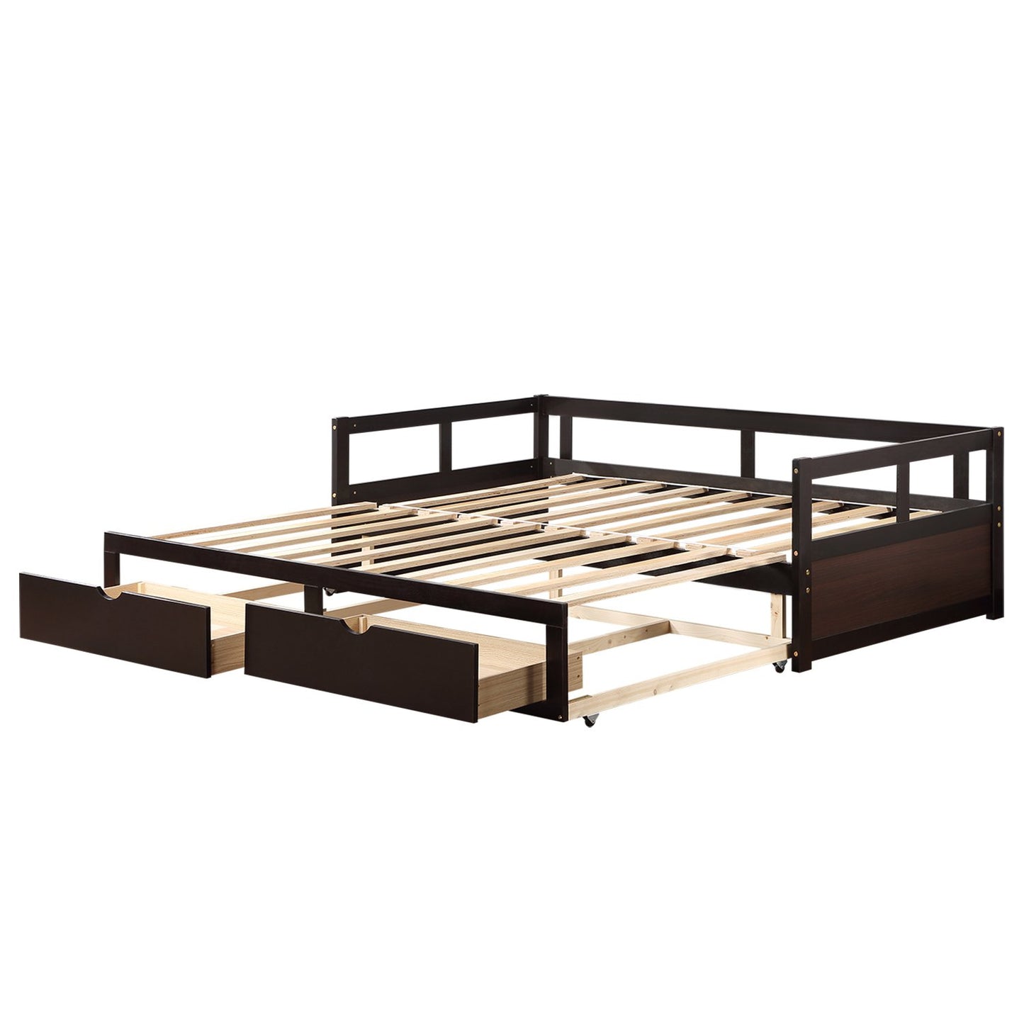 Twin Espresso Pinewood Daybed with Two Drawers and Trundle that Extends Bed to King Size-Daybed-HomeDaybed