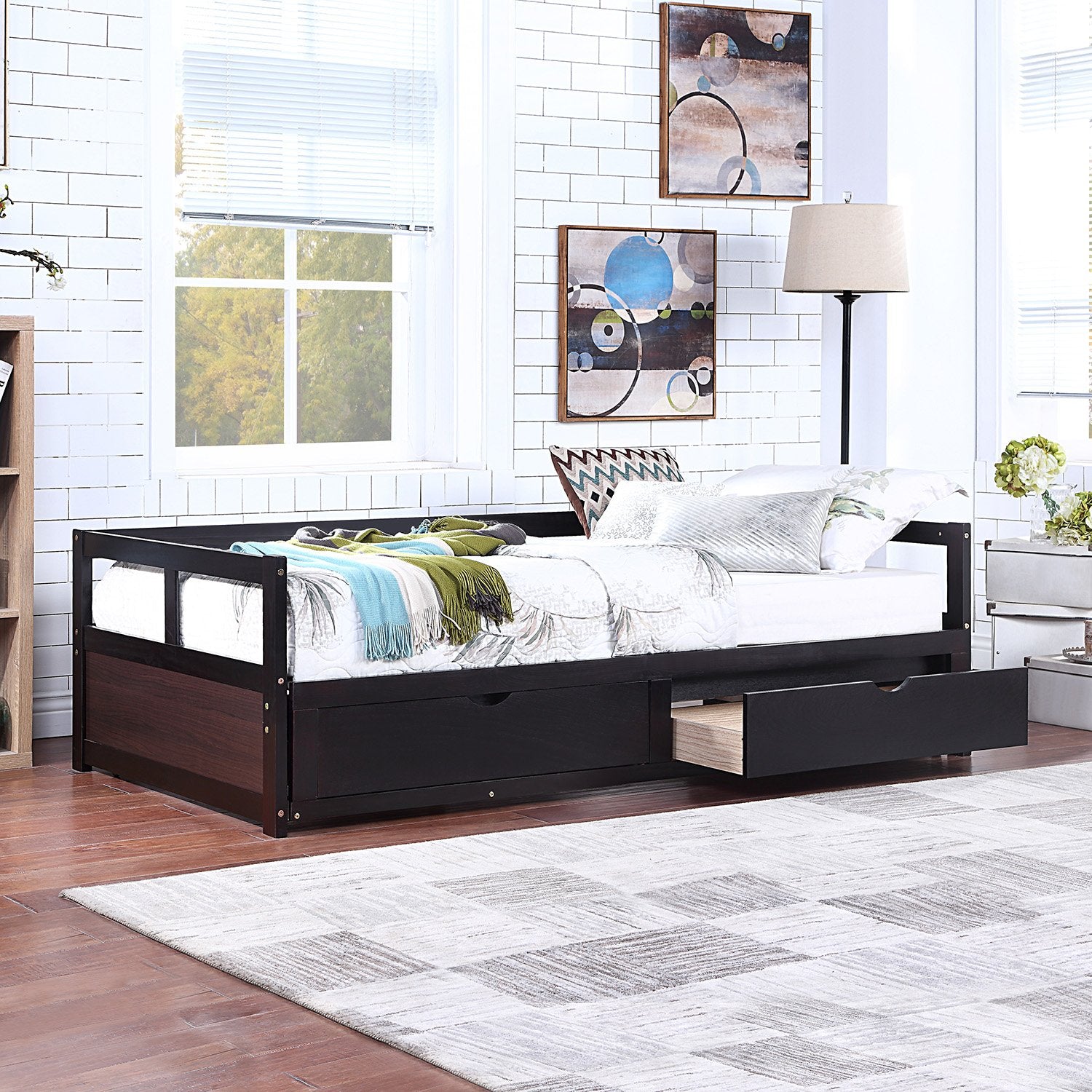 Twin Espresso Pinewood Daybed with Two Drawers and Trundle that Extends Bed to King Size-Daybed-HomeDaybed
