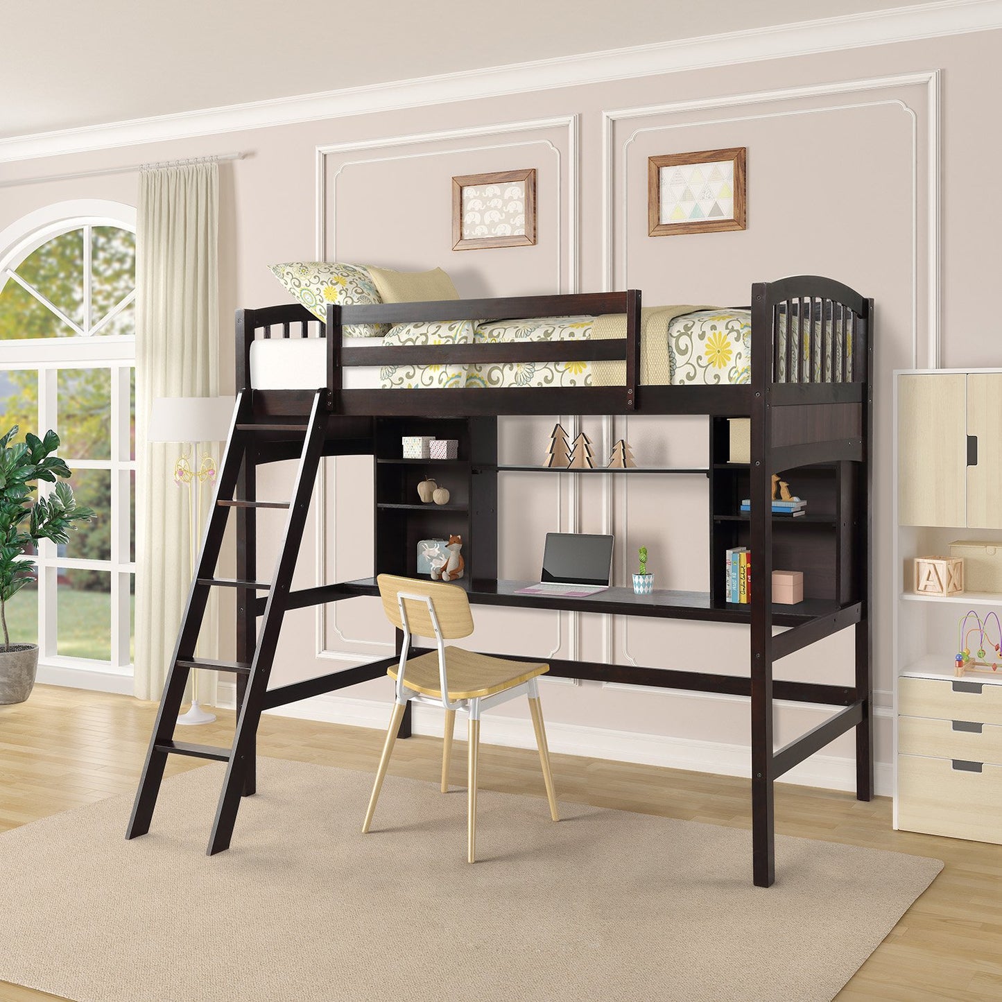 Twin Espresso Pinewood Loft Bed with Storage, Shelves, Desk and Ladder-Loft Bed-HomeDaybed