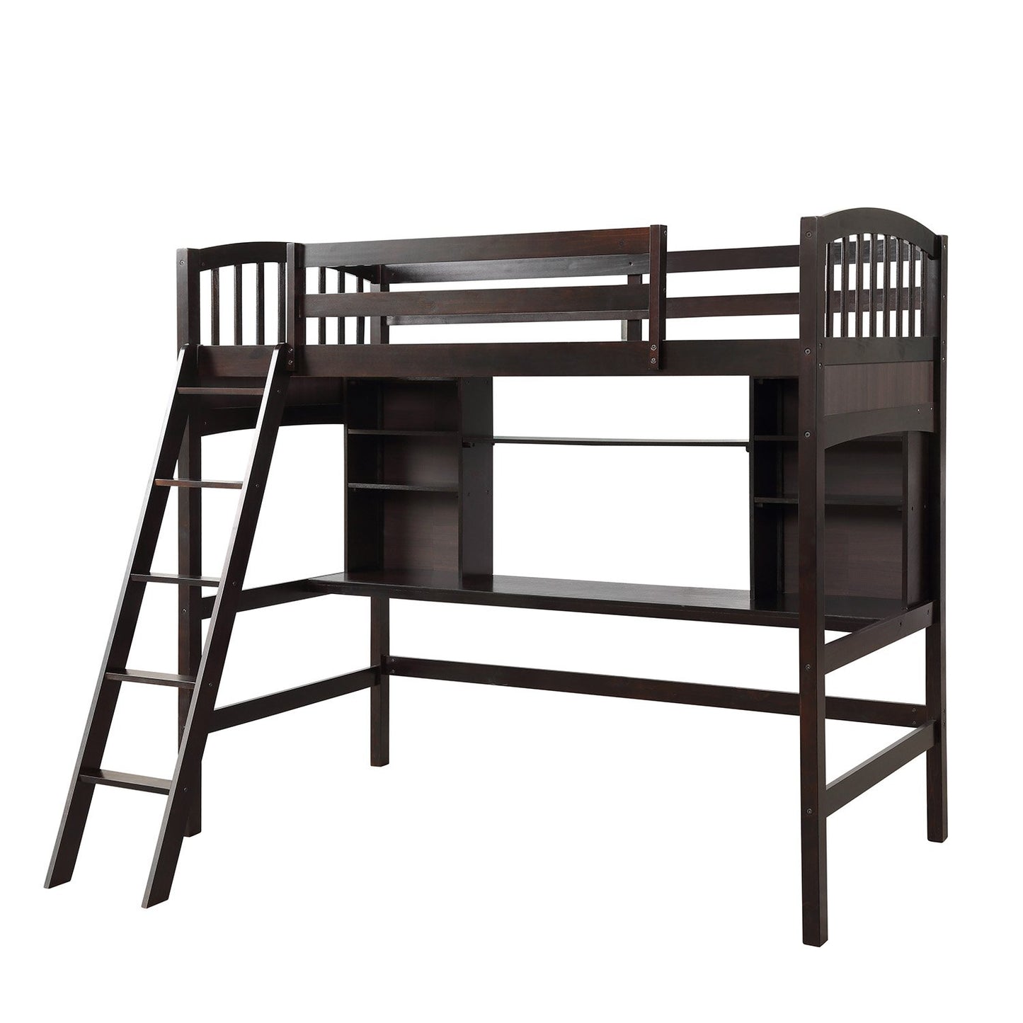 Twin Espresso Pinewood Loft Bed with Storage, Shelves, Desk and Ladder-Loft Bed-HomeDaybed