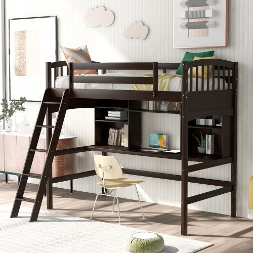 Twin Espresso Pinewood Loft Bed with Storage, Shelves, Desk and Ladder-Loft Bed-homedaybed.com