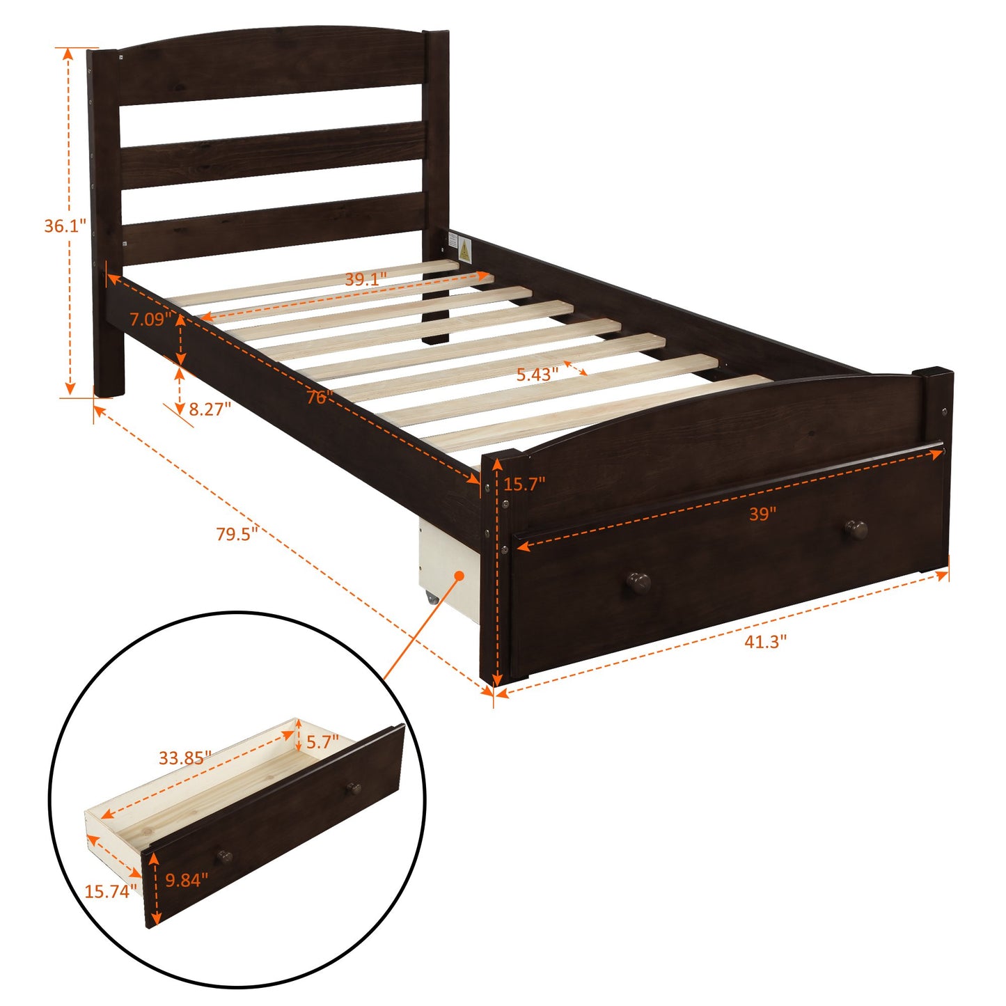 Twin Espresso Wood Platform Bed with Drawer for Storage-Platform Bed-HomeDaybed