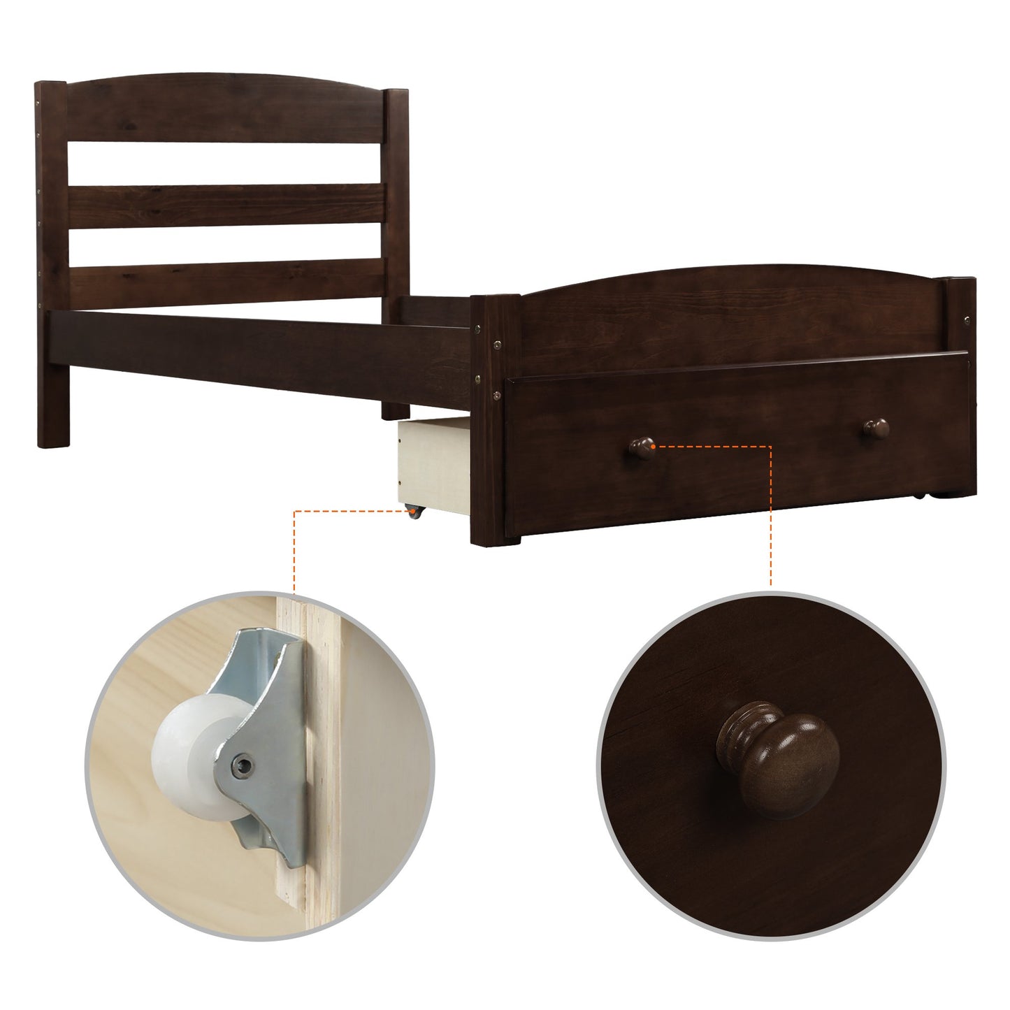 Twin Espresso Wood Platform Bed with Drawer for Storage-Platform Bed-HomeDaybed