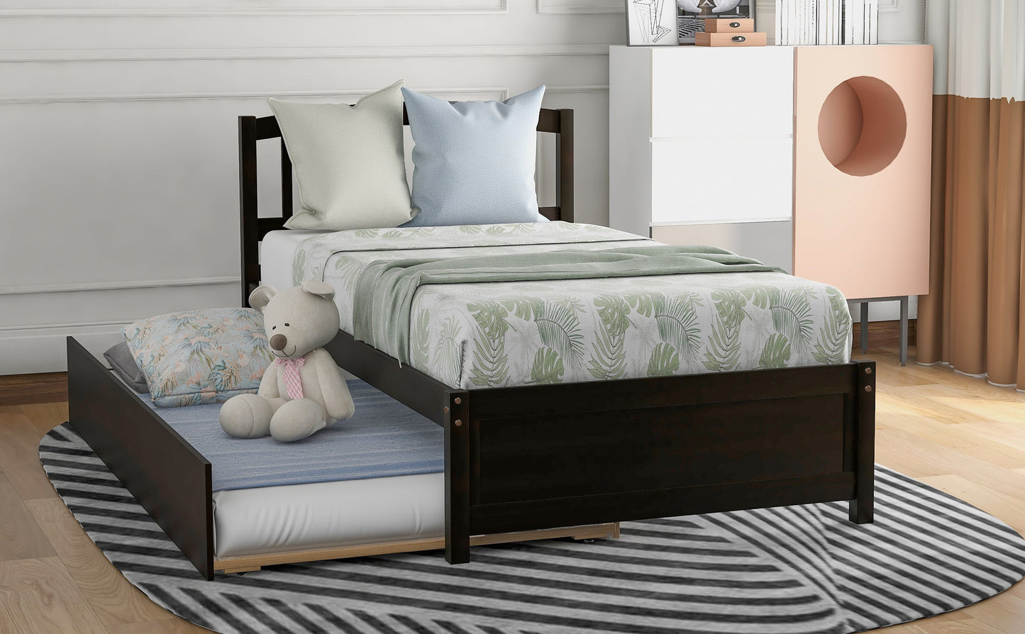 Twin Espresso Wood Platform Bed with Twin Trundle-Platform Bed-HomeDaybed