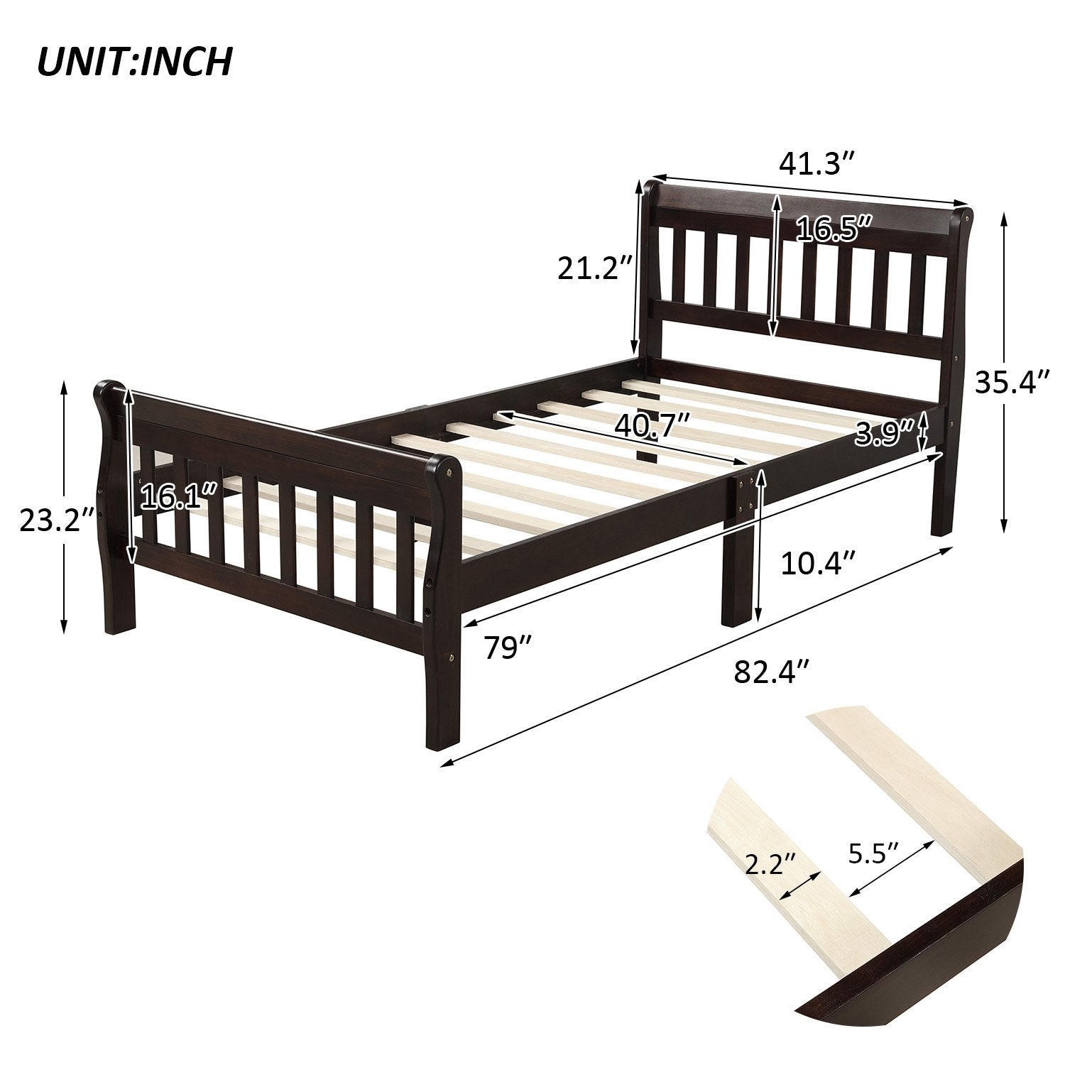 Twin Espresso Wood Sleigh Style Platform Bed-Platform Bed-HomeDaybed