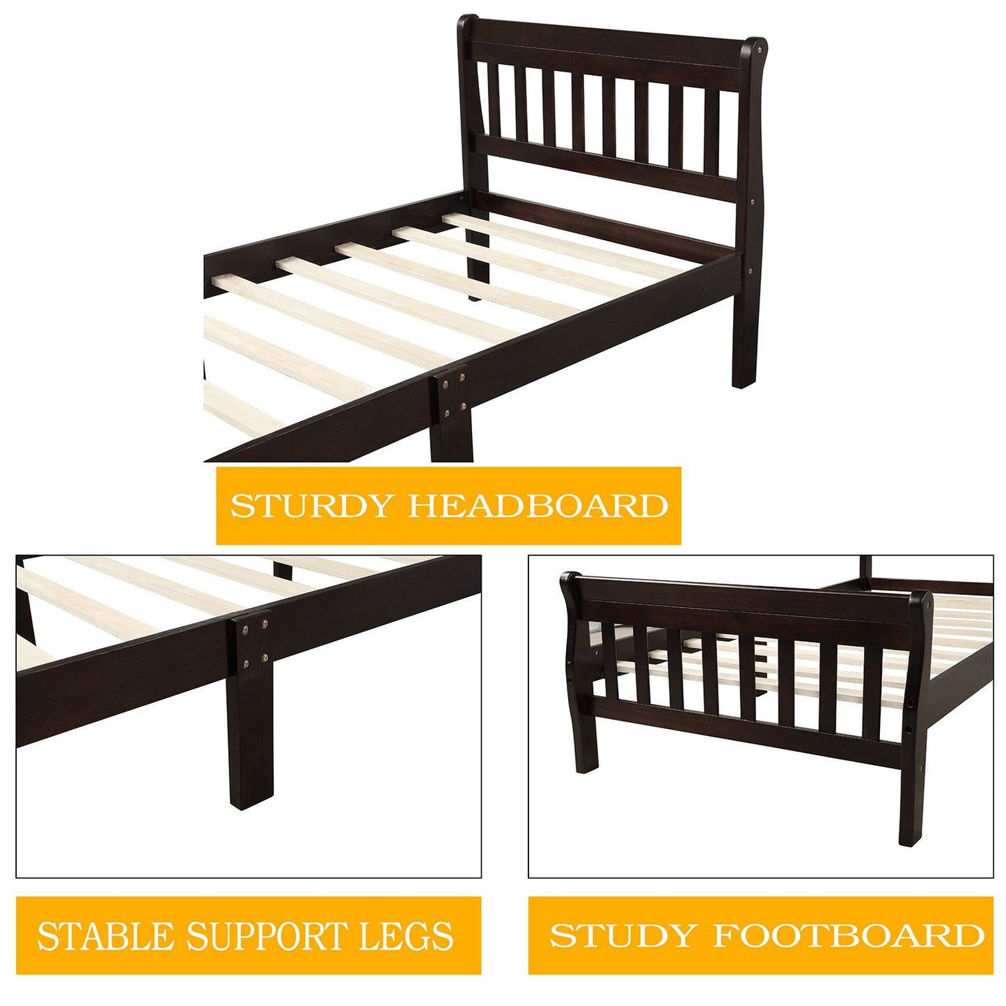 Twin Espresso Wood Sleigh Style Platform Bed-Platform Bed-HomeDaybed