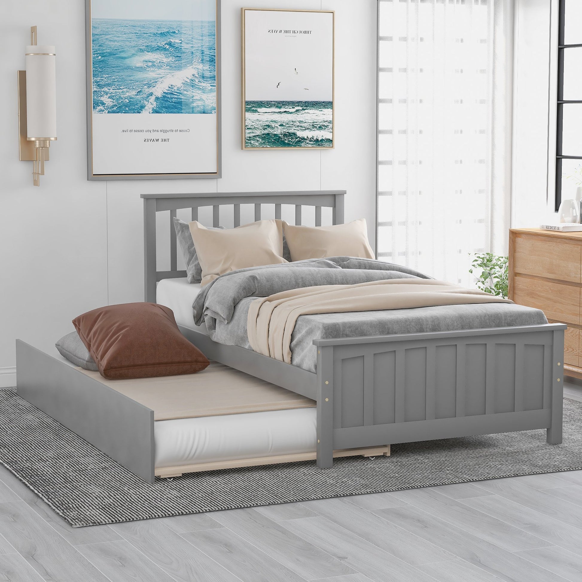 Twin Gray Pinewood Classic Style Platform Bed with Twin Trundle-Platform Bed-HomeDaybed