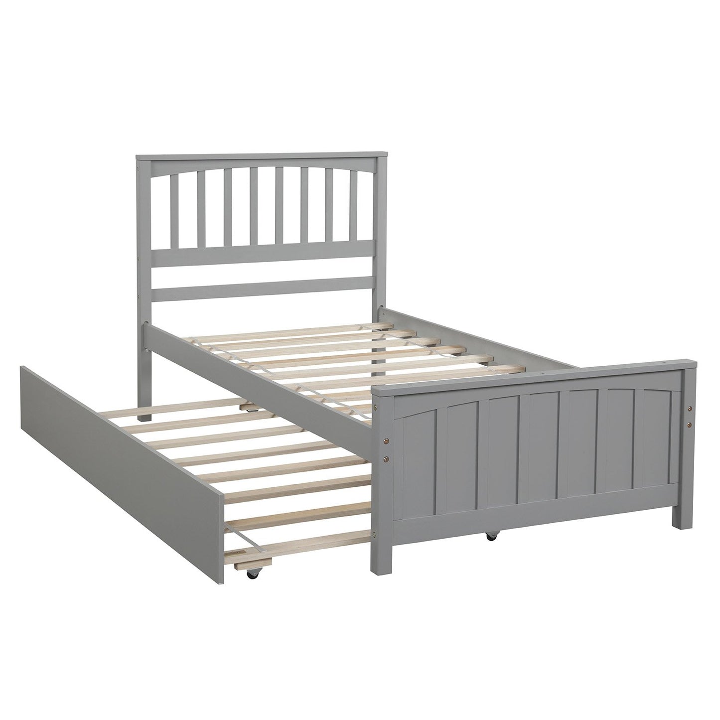 Twin Gray Pinewood Classic Style Platform Bed with Twin Trundle-Platform Bed-HomeDaybed