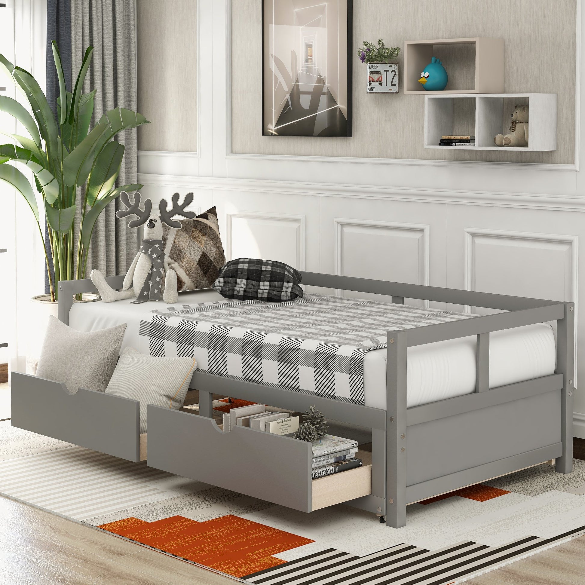 Twin Gray Pinewood Daybed with Trundle and Two Drawers, Extends to King Size-Daybed-HomeDaybed
