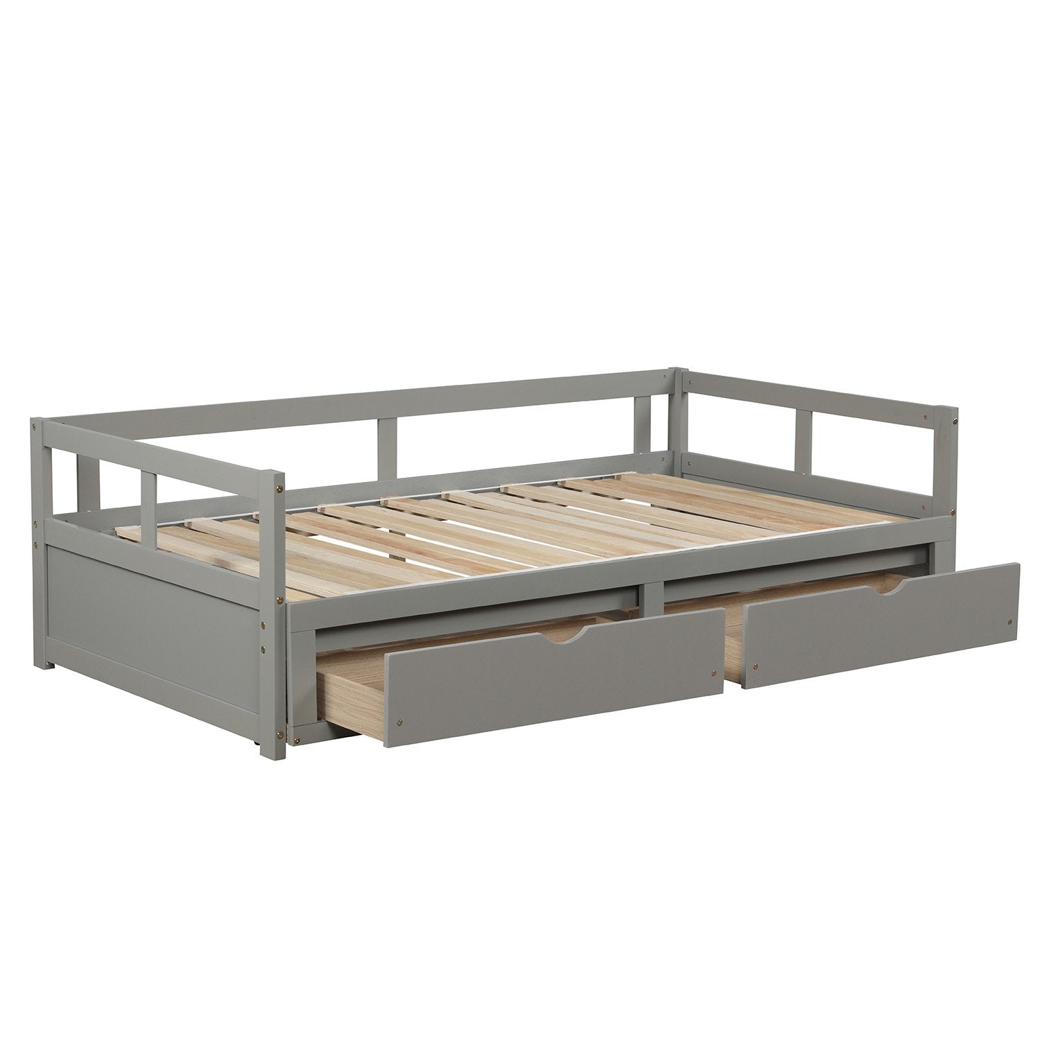 Twin Gray Pinewood Daybed with Trundle and Two Drawers, Extends to King Size-Daybed-HomeDaybed