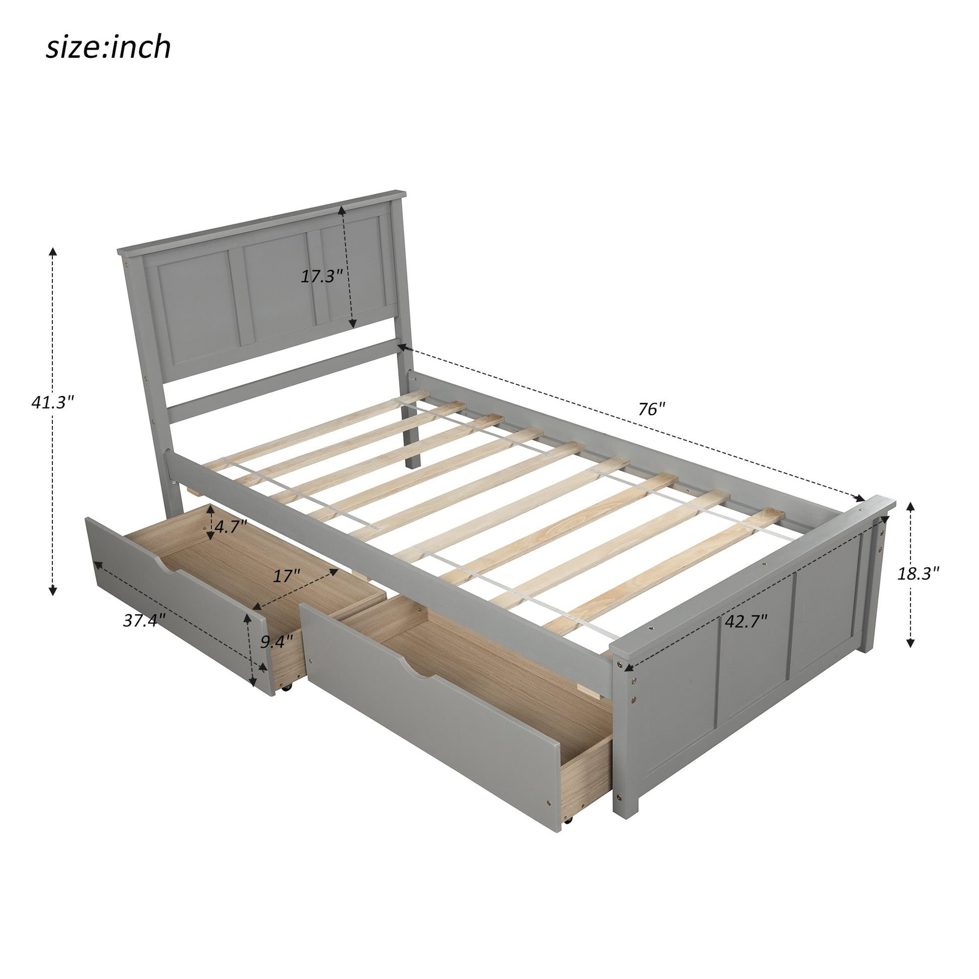 Twin Gray Pinewood Platform Bed with Two Drawers-Platform Bed-HomeDaybed