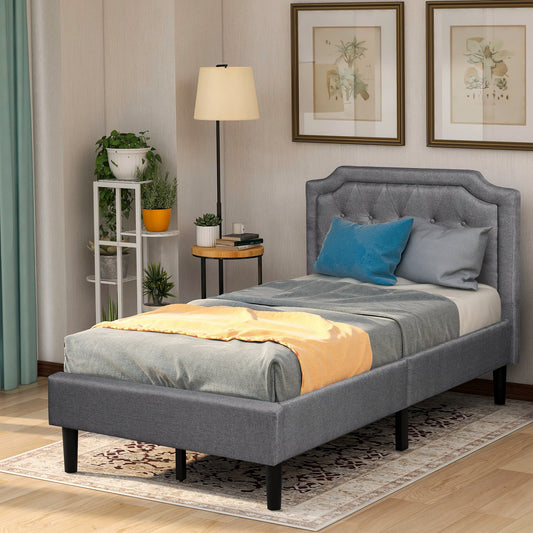 Twin Gray Pinewood Upholstered Platform Bed with Scalloped Headboard Detail-Platform Bed-HomeDaybed