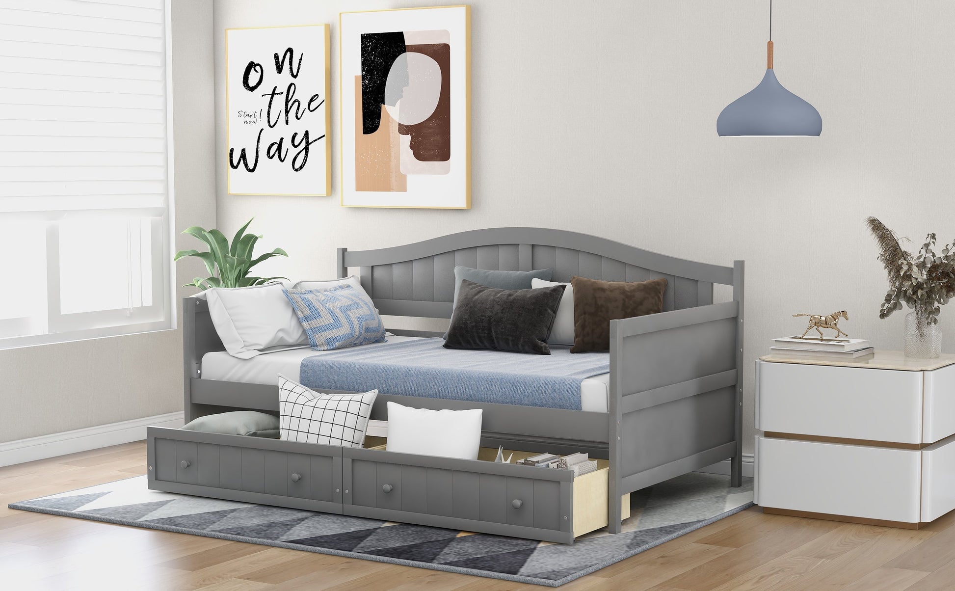 Twin Gray Wood Daybed with Two Drawers and High Curved Back-Daybed-HomeDaybed