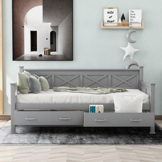 Twin Gray Wood Daybed with Two Large Drawers-Daybed-HomeDaybed