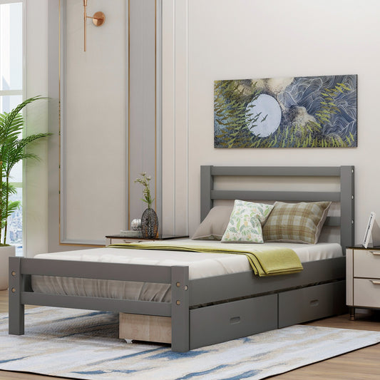 Twin Gray Wood Platform Bed with Two Drawers-Platform Bed-HomeDaybed