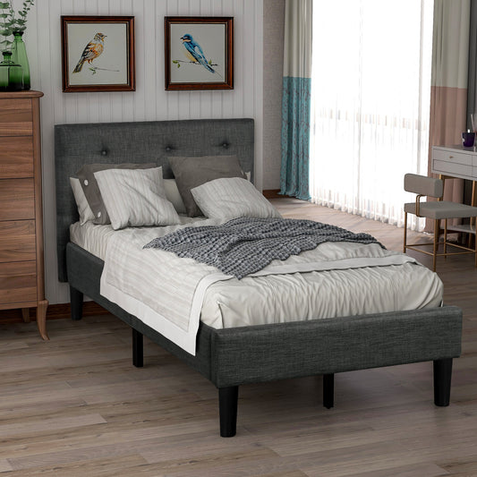 Twin Gray Wood Upholstered Platform Bed with Button Tufted Headboard-Platform Bed-HomeDaybed