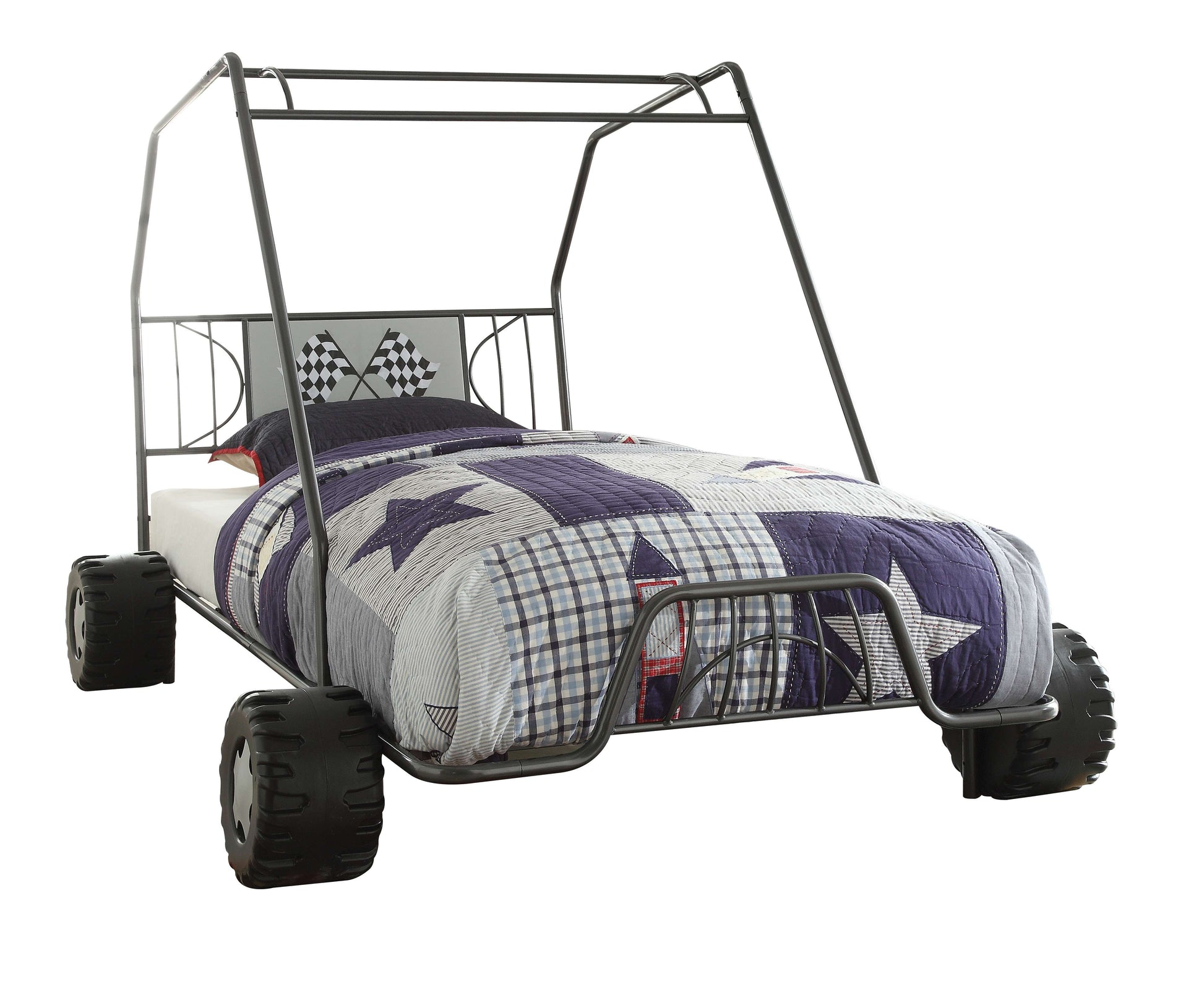Twin Gunmetal Color Metal ACME Xander Go Kart Style Bed-Car bed-HomeDaybed