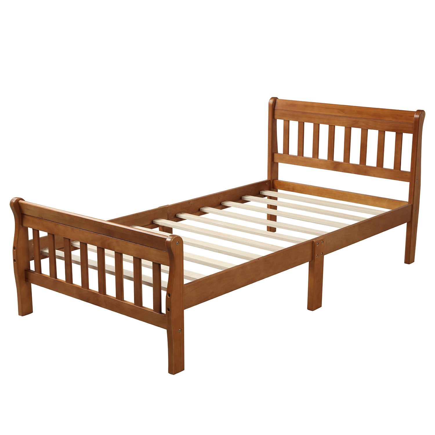 Twin Oak Color Wood Sleigh Style Platform Bed-Platform Bed-HomeDaybed