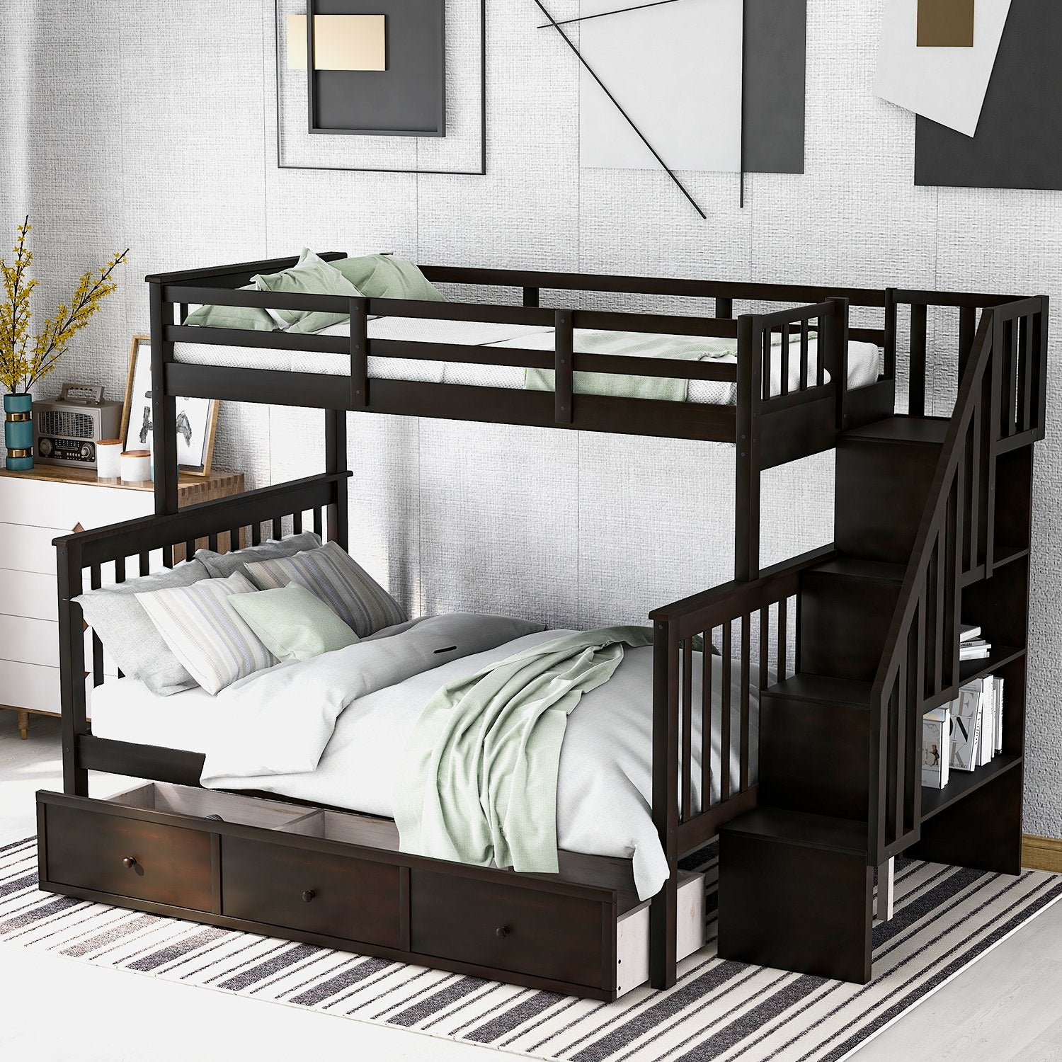 Twin Over Full Espresso Wood Bunk Bed With Three Drawers, Staircase An –  Homedaybed