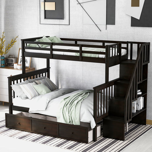 Twin over Full Espresso Wood Bunk Bed with Three Drawers, Staircase and Storage Shelves-Bunk Bed-HomeDaybed