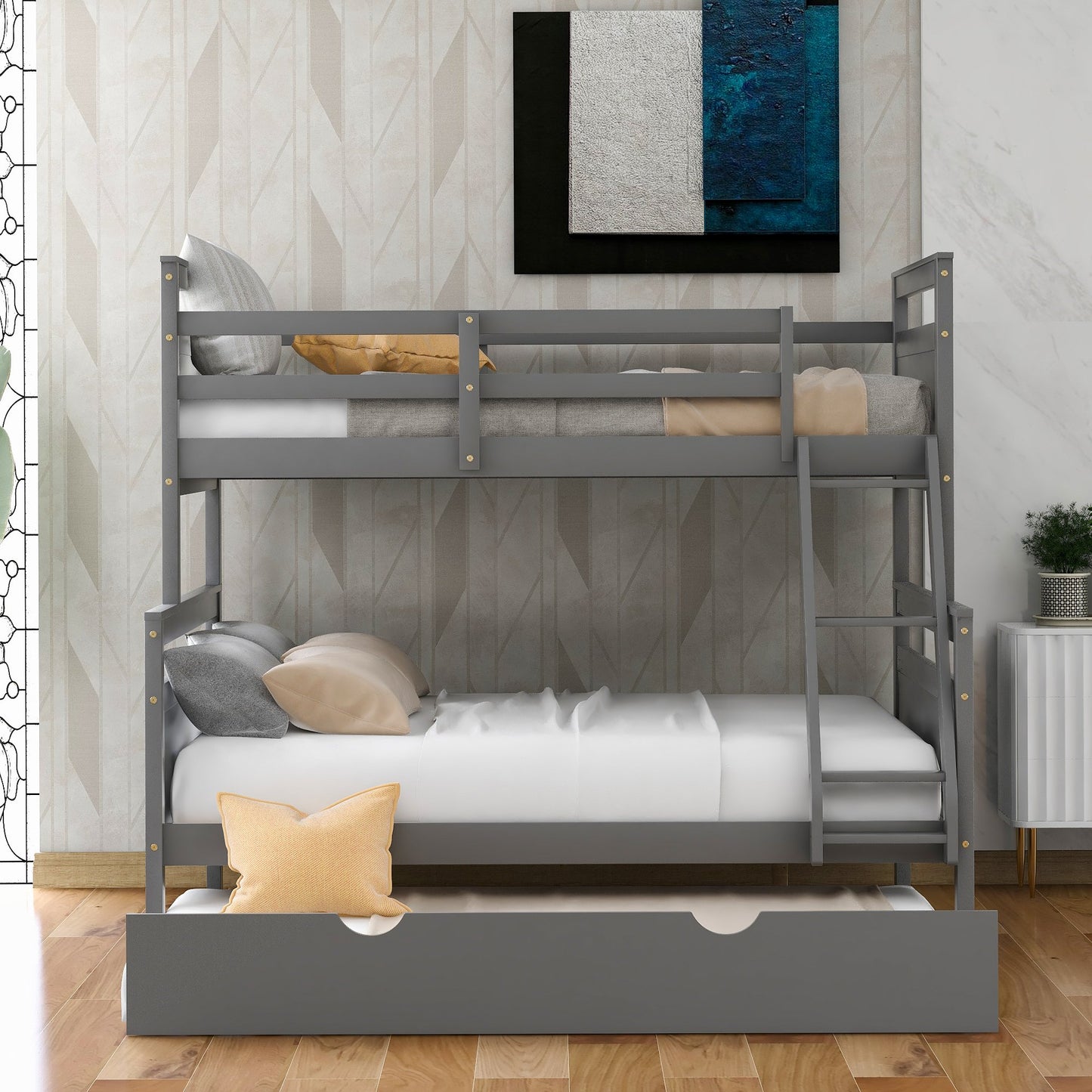 Twin over Full Gray Pinewood Bunk Bed with Twin Trundle-Bunk Bed-HomeDaybed