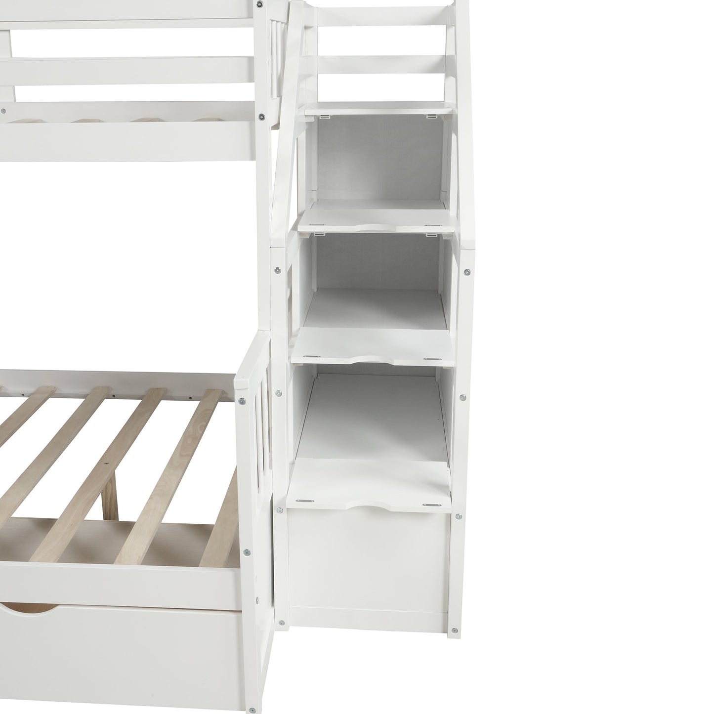 Twin over Full White Pinewood Bunk Bed with Slide, Staircase and Storage-Bunk Bed-HomeDaybed