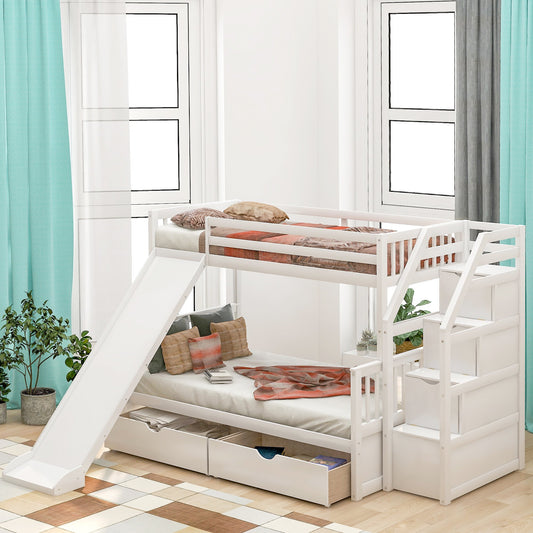 Twin over Full White Pinewood Bunk Bed with Slide, Staircase and Storage-Bunk Bed-HomeDaybed