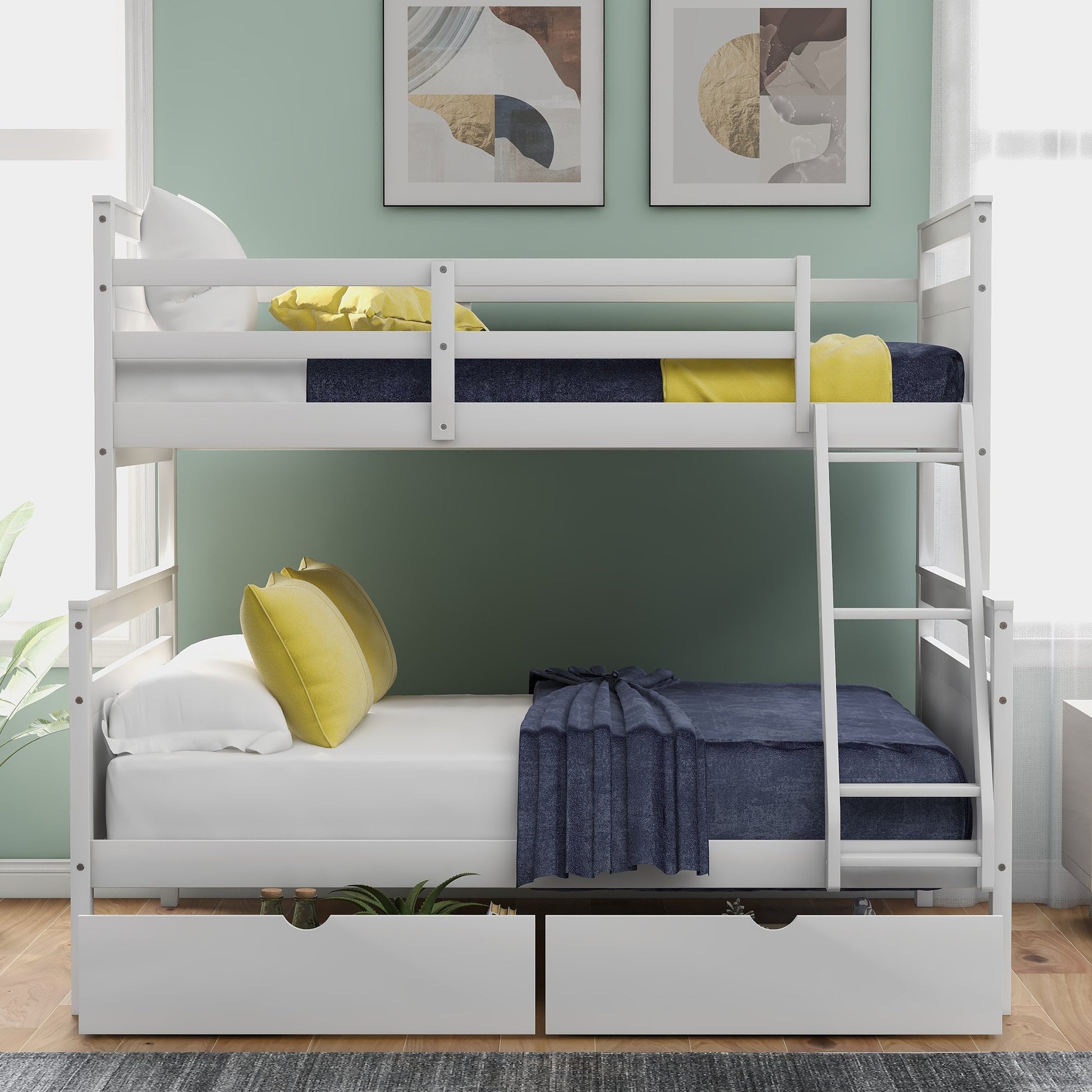 Twin over Full White Pinewood Bunk Bed with Storage Drawers-Bunk Bed-HomeDaybed