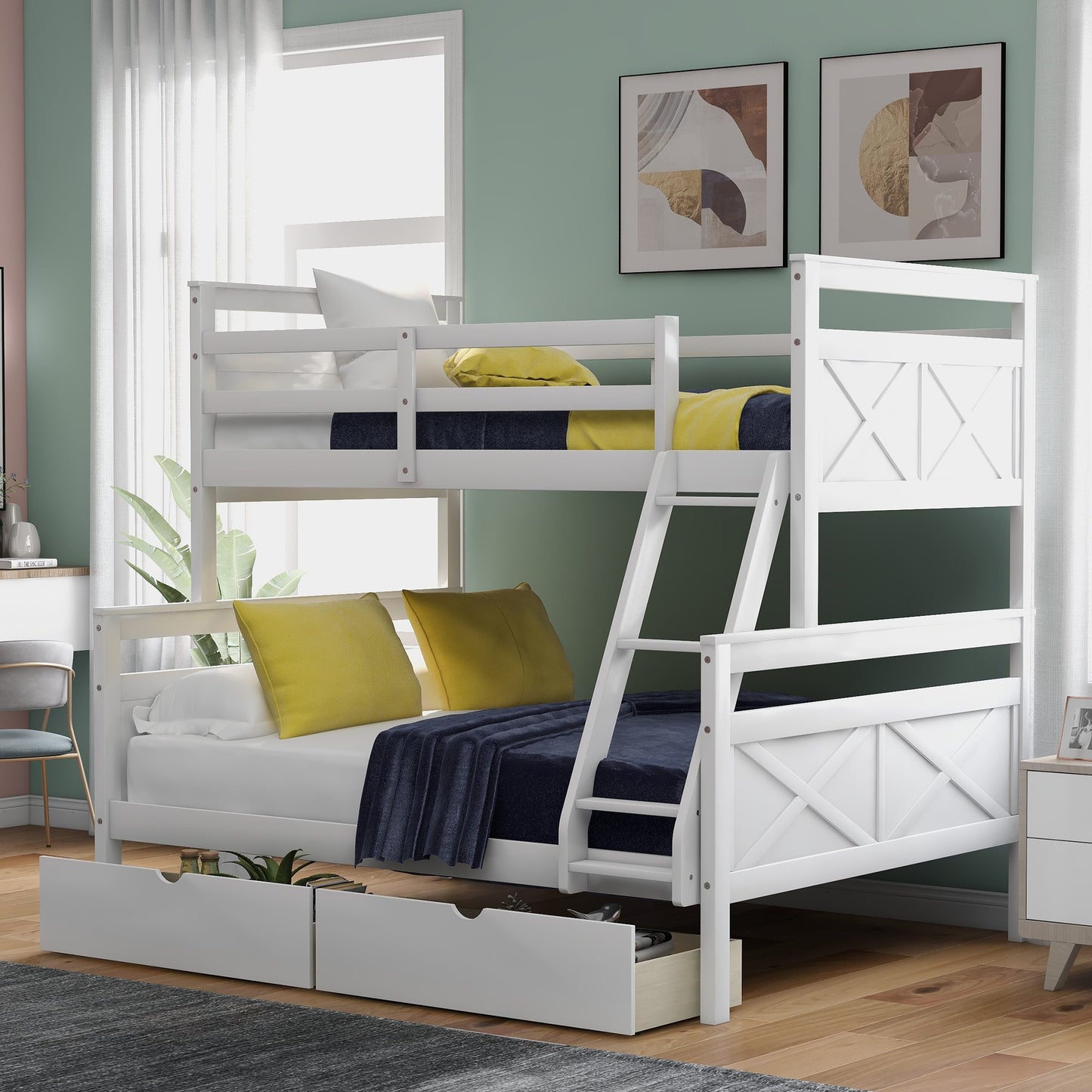 Twin over Full White Pinewood Bunk Bed with Storage Drawers-Bunk Bed-HomeDaybed