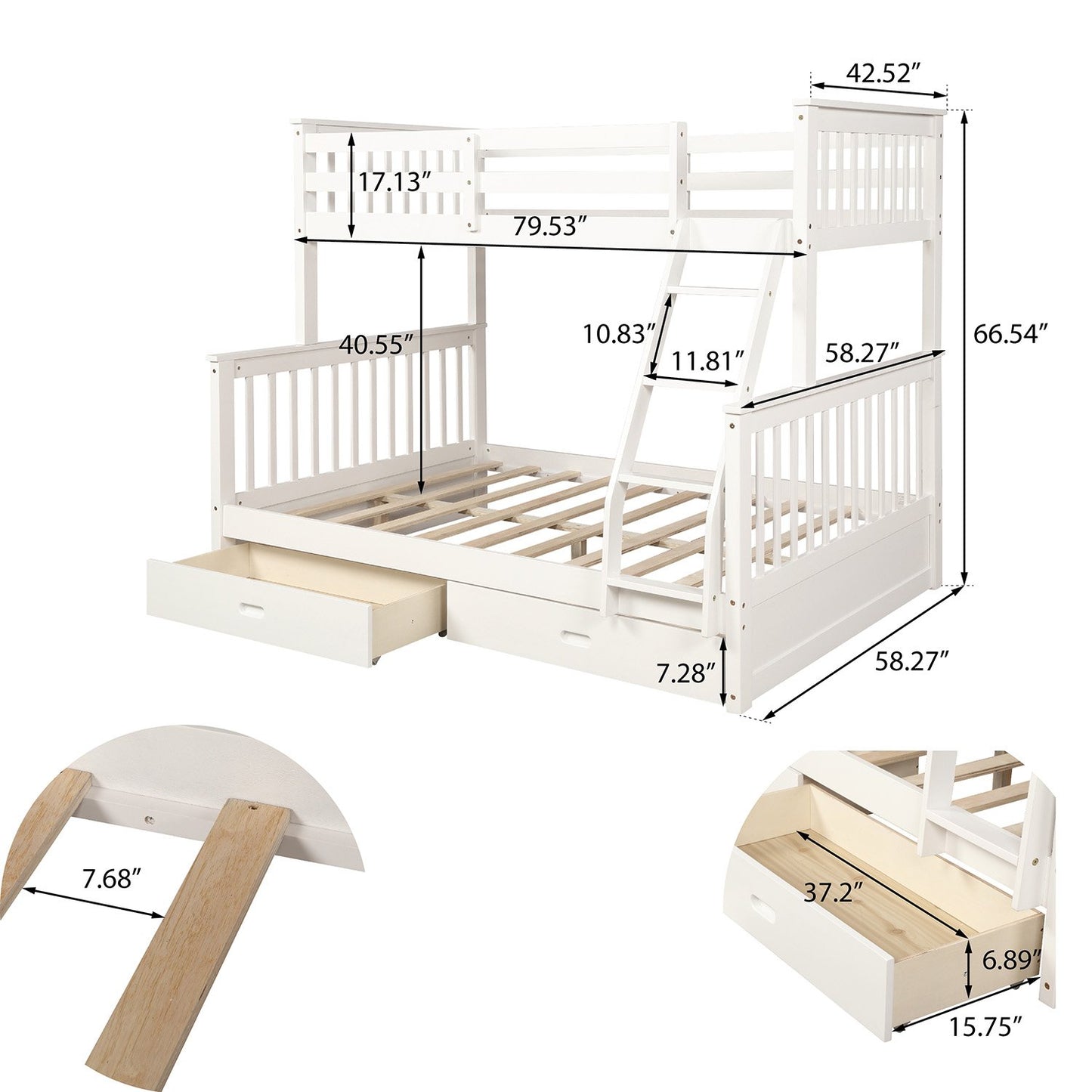 Twin over Full White Pinewood Bunk Bed with Two Drawers and Ladder-Bunk Bed-HomeDaybed
