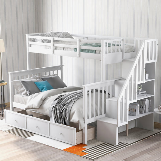 Twin over Full White Wood Bunk Bed with Three Drawers, Staircase and Storage Shelves-Bunk Bed-HomeDaybed