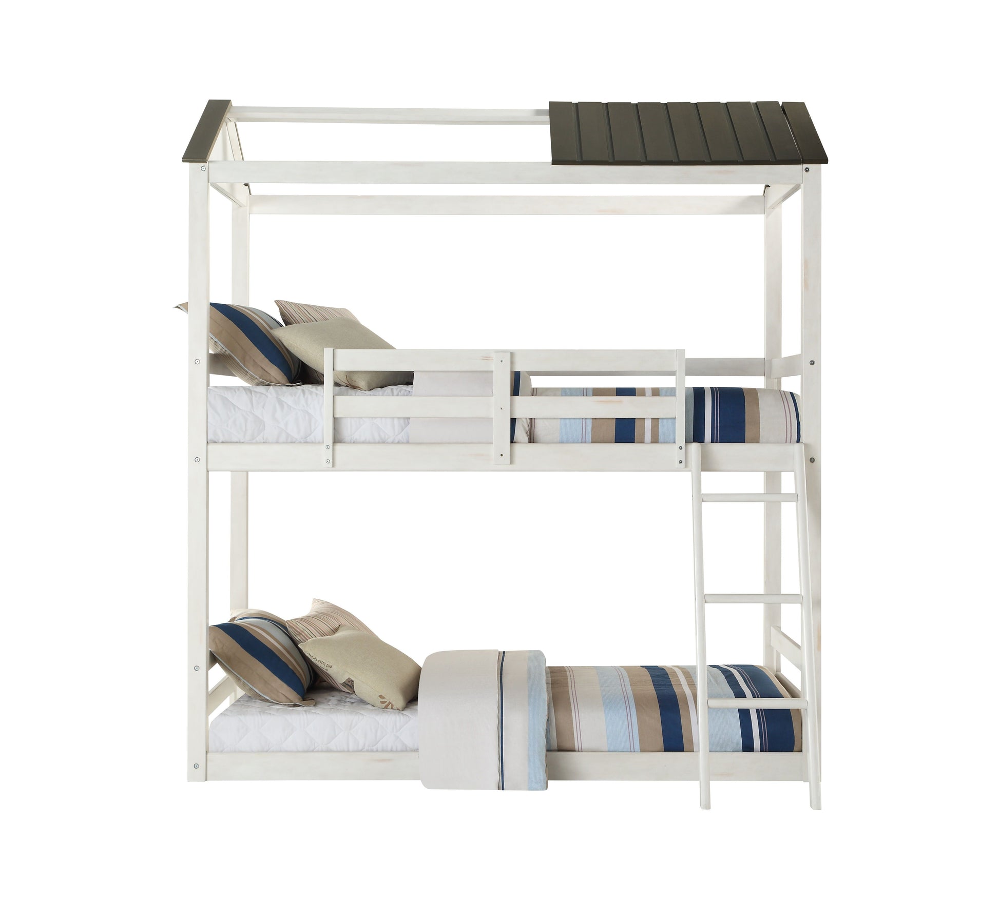 Twin over Twin ACME Nadine Cottage Bed in Weathered White Wood with Washed Gray Roof-House Bunk Bed-HomeDaybed