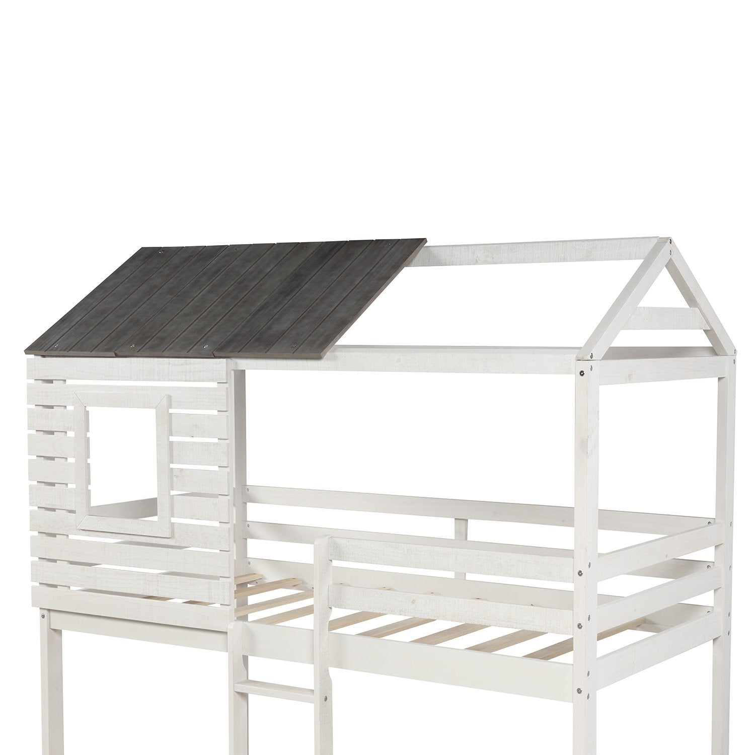 Twin over Twin Antique White Pinewood Play House Inspired Bunk Bed-House Bunk Bed-HomeDaybed