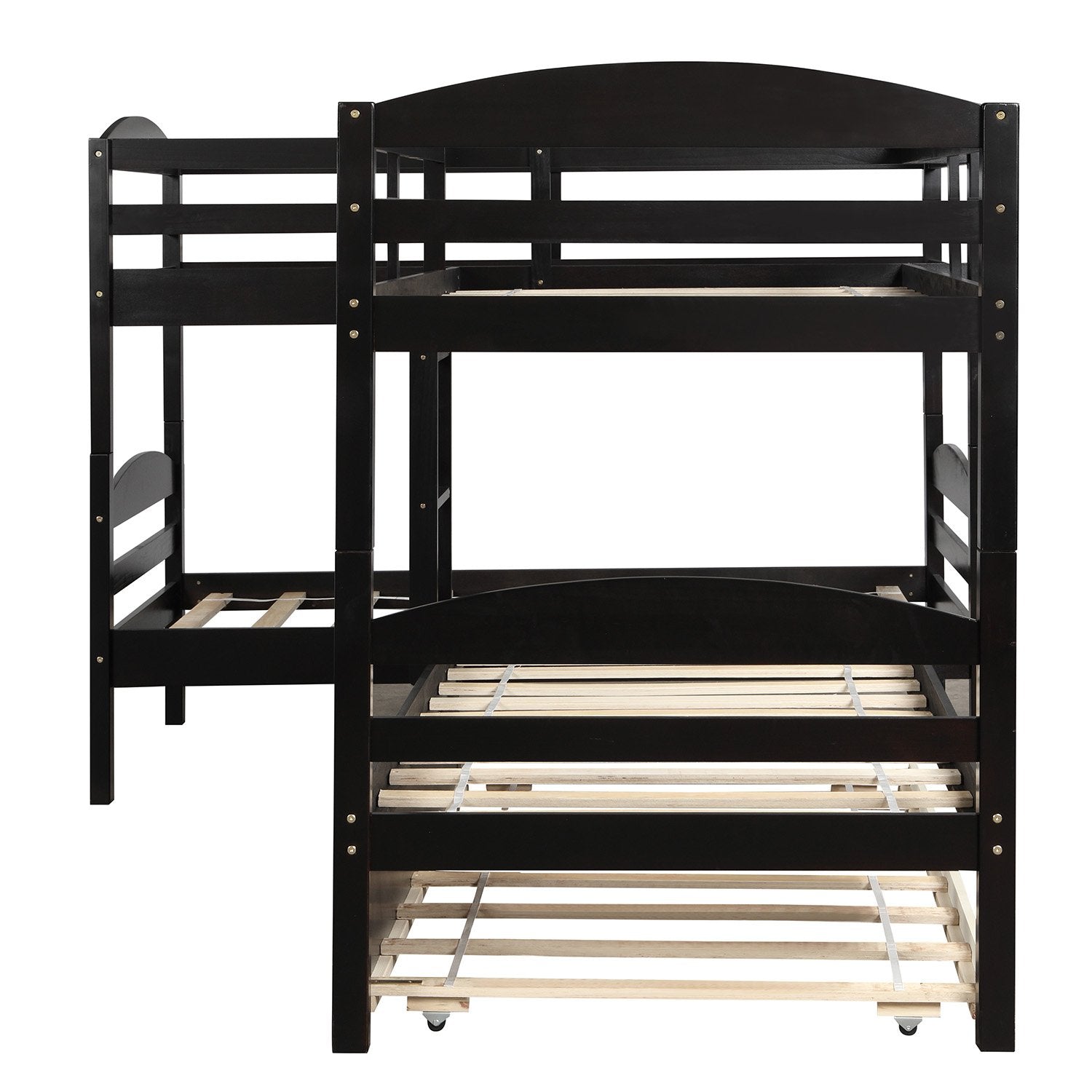 Twin over Twin Espresso Wood Mission Style L-Shaped Bunk Bed with Twin Trundle-Bunk Bed-HomeDaybed