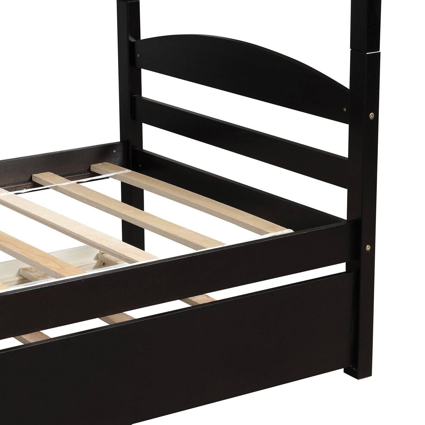 Twin over Twin Espresso Wood Mission Style L-Shaped Bunk Bed with Twin Trundle-Bunk Bed-HomeDaybed