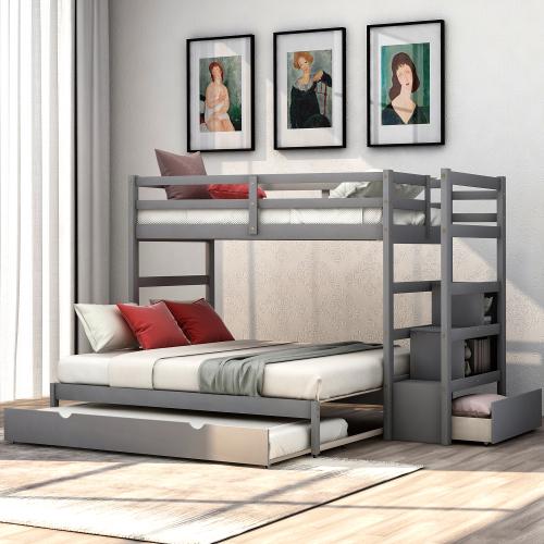 Twin-over-Twin Gray Pinewood Bunk Bed with Twin Trundle, Extends to Twin-over-King Size-Bunk Bed-homedaybed.com