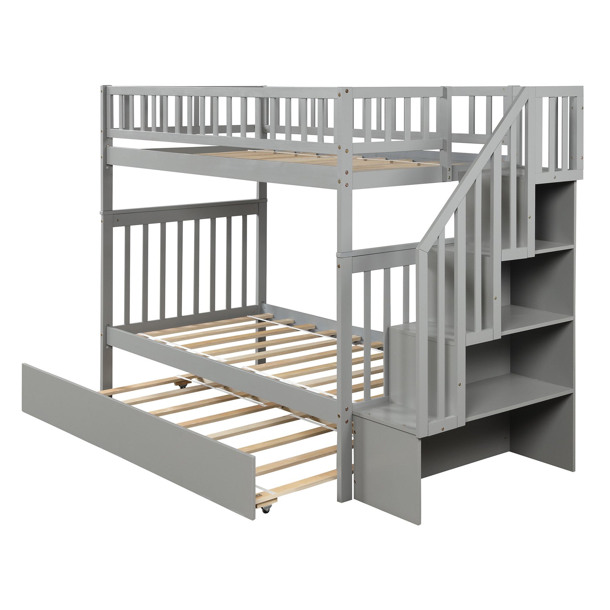 Twin over Twin Gray Pinewood Bunk Bed with Twin Trundle, Staircase and Four Storage Spaces-Bunk Bed-HomeDaybed