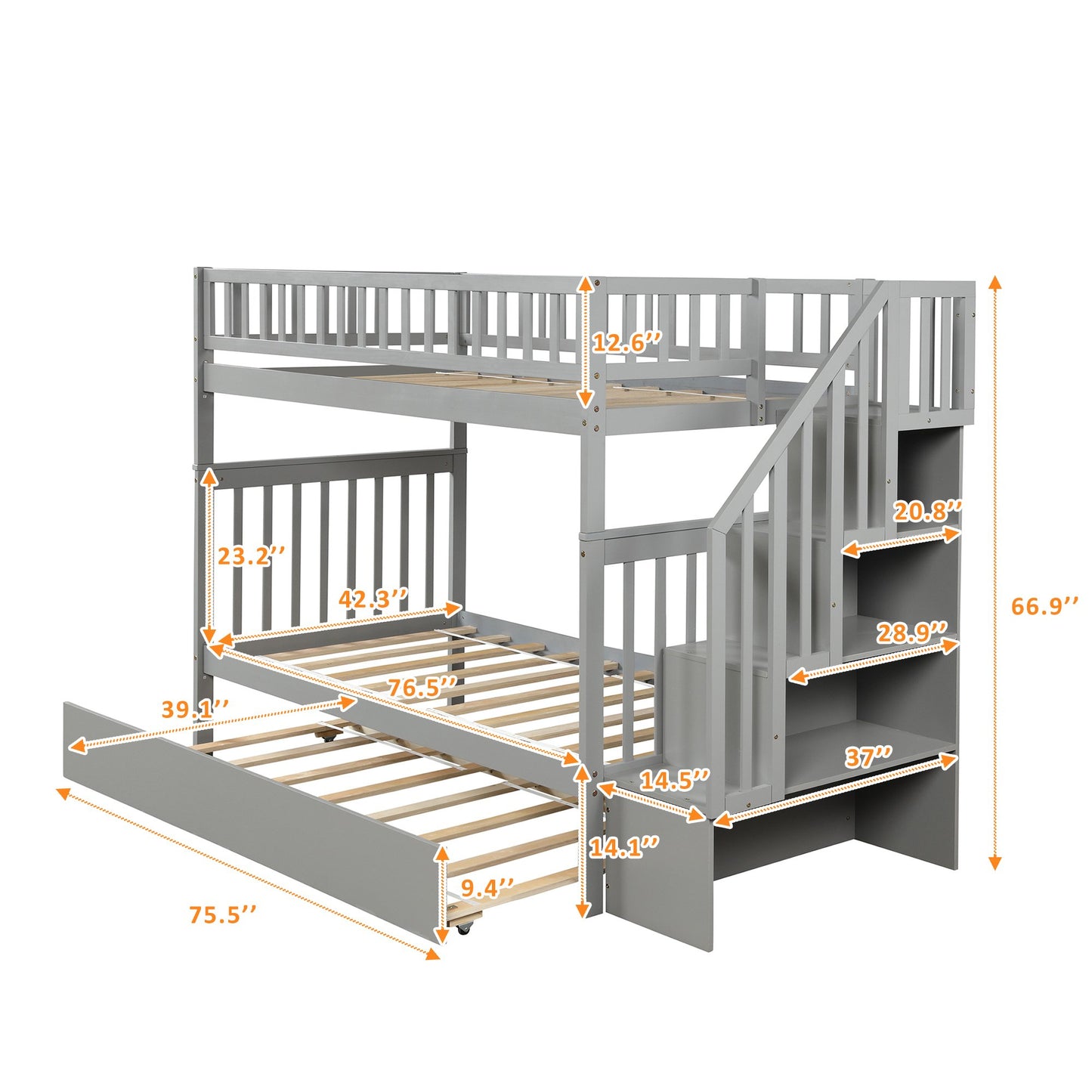Twin over Twin Gray Pinewood Bunk Bed with Twin Trundle, Staircase and Four Storage Spaces-Bunk Bed-HomeDaybed