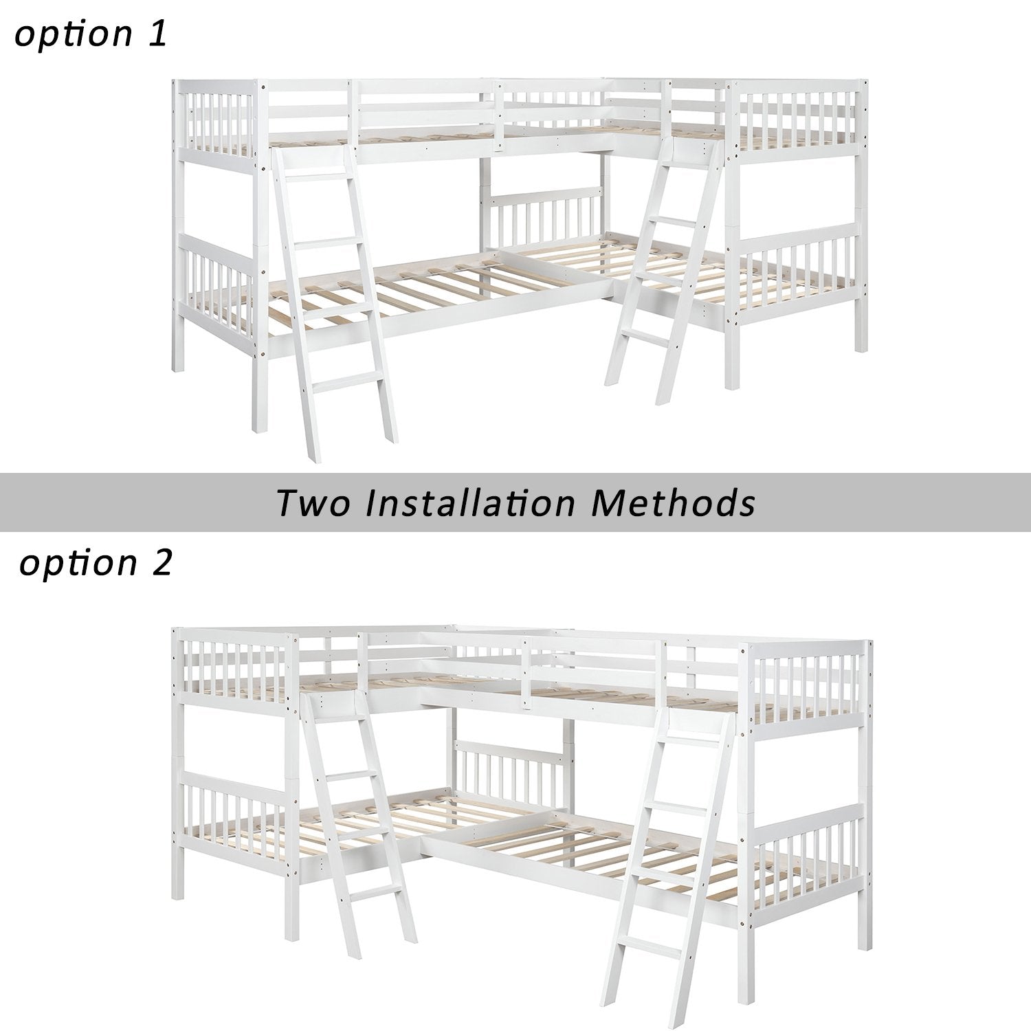 Twin over Twin L-Shaped White Pinewood Bunk Bed-Bunk Bed-HomeDaybed